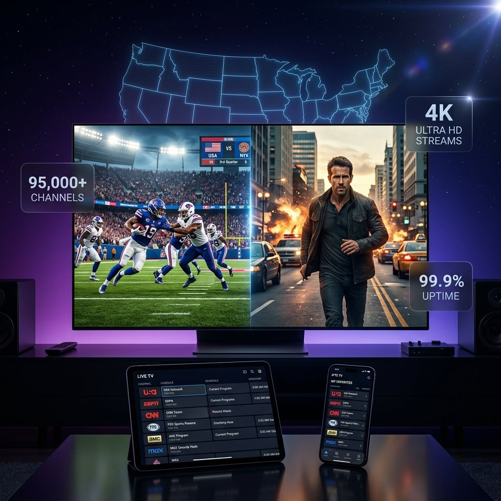 Interface de streaming montrant une playlist iptv m3u france avec chaînes m3u sport et films VOD en 4K.